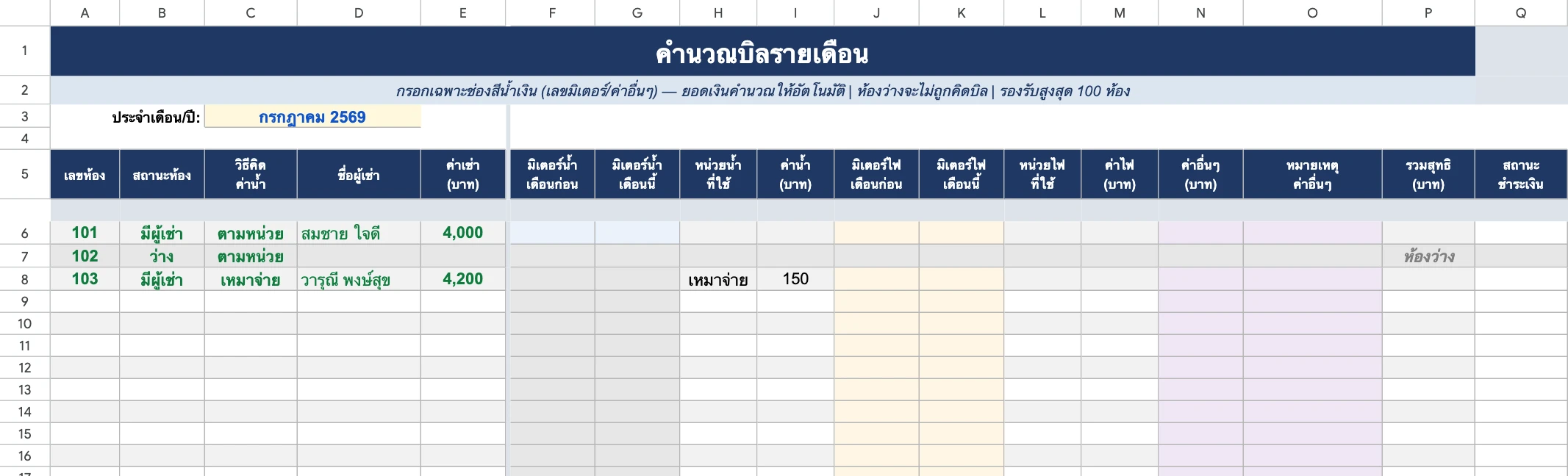 ตัวอย่างชีตคำนวณบิลรายเดือนในไฟล์ Excel แจกฟรี แสดงค่าเช่า มิเตอร์น้ำและไฟ และยอดรวมรายห้อง